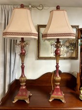 Pair Warwick PT5634-D Table Lamps Red Gold Crystal Prisms 36