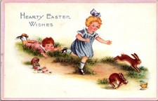 Happy Easter Wishes Postcard Children Chasing Bunnies c1911 picture