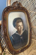 Antique US Navy Sailor Portrait Convex Bubble Glass Eagle American Shield Frame picture
