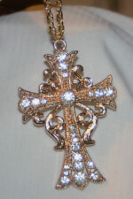 Striking Goldtone Tendril Swirled Sparkling Rhinestones Cross Pendant Necklace picture