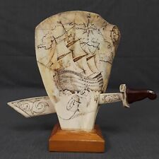 VTG Hand Carved Scrimshaw Ink Drawing Sculpture Nautical Sailboat & Sword picture