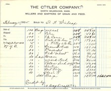 1925 The Cotler Co. (Mass) Grain/Feed Billhead - 10 Rev. picture