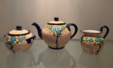 Rare Emaux de Longwy Art Deco Cloisonne Tea Set 1252/222 Teapot Sugar Creamer picture