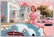 New Original Postcard 1940's 50's Style Girl Sitting on Car Blue Pink Town picture