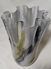 Hand Blown Abstract Swirls Glass Vase Cased Silver Black Yellow Sparkles Ruffled picture