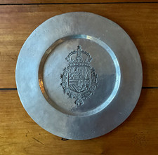 Round Pewter Plate/Dish w/ Embossed Coat of Arms of Spain Crest Design. picture