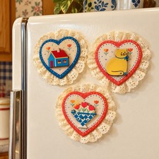 3 New Vintage Heart Refrigerator Magnet Russ Bertie Cat Cottage Lace 80s Country picture