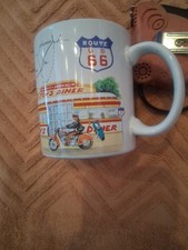 Vintage White Ceramic Historic Route 66 Coffee Mug Motor Cycle, Coffee Diner. picture