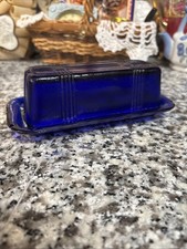 Vintage Cobalt Blue Glass Butter Dish Geometric Art Deco Style Covered picture
