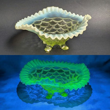 Northwood Beaded Drapery Vaseline Opalescent Footed Bowl Antique Uranium Glass picture