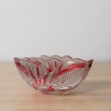 Vintage Clear Pressed Glass Bowl Red Painted Accents Scalloped Rim 11” Serving picture