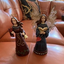 2 Hand Painted Angel Figurines Set of 2 Resin & Metal Wings Multicolor Christmas picture