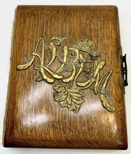 Antique 1890’s Victorian Photo Album Wooden Cover w/ Brass Letters + 44 Photos picture