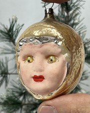 Antique Googly Eye Gold Hood Girl Face Head Glass Christmas Ornament Germany picture