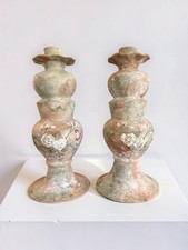 VTG Monumental Vintage Terracotta Candlesticks Raised Rose Relief 15