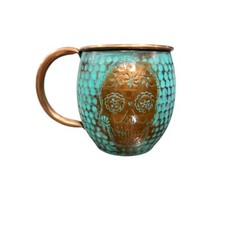 Mexican Handcrafted Recycled Copper Set of 2 Skull Barrel Mugs, Día de Muertos picture