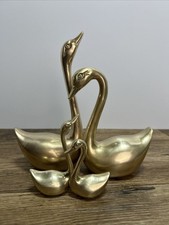 Vintage Large Solid Brass Swan 2 Pair Figurines Korea 2 Large 6-8” 2 Small 2-4” picture