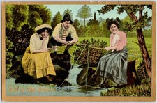 VINTAGE JUST A FEW LINES FISHING TWO WOMEN MAN GOLD BORDER POSTCARD PC picture