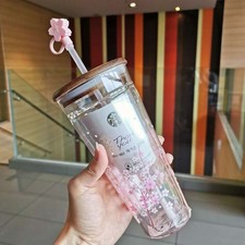 Starbucks Sakura Pink Double Glass Mug w/Straw & Plug 20oz Limited Edition picture
