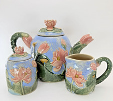 VTG Henriksen Majolica Lotus Water Lily Teapot/Lid Creamer Sugar/Lid Ceramic 3D picture