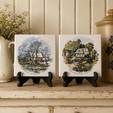 Set of 2 Currier & Ives 6” Ceramic Tiles - American Homestead Summer -Grist Mill picture