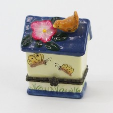 Small Blue And Yellow Ceramic Birdhouse Trinket Box picture