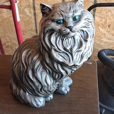Vintage Gray Long-Haired Cat Figurine with Green Eyes, Ceramic picture