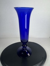 Vintage Cobalt Blue Glass Trumpet Vase Flared Rim Pedestal Footed 6.25” picture