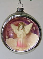 Vintage Glass Diorama ANGEL Praying Mica Indent Ball Christmas Ornament Japan picture