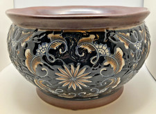 Antiq. Majolica Jardiniere-Brown Inter.-Dark Brown Enameled Body w/Flowers picture