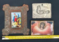 Mexican Handcrafted Folk Art - Punch Tin Picture Frame, Milagro & Brass Brooch picture