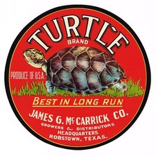 ORIGINAL CRATE LABEL VINTAGE RARE 1955 TEXAS VEGETABLE TURTLE ROBSTOWN CLEAN picture