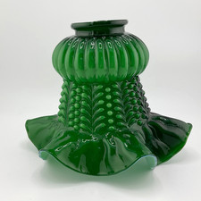 Vintage Green Glass Hobnail Ruffled Lamp Shade Victorian 2 1/8” Fitter. picture