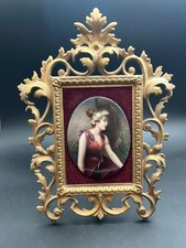 Antique KPM Style Hand Painted Porcelain Portrait Plaque Ornate Gilt Brass Frame picture