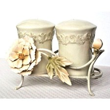 Magnolia Salt Pepper Shakers Cream Pastel Floral Leaves Wire Holder Holiday Gift picture