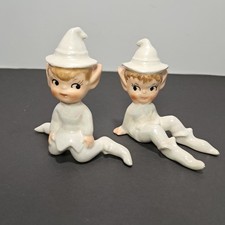 Vtg Lefton Pixie Elf Figurines Iridescent White Ceramic Pearlescent Glaze Set-2 picture