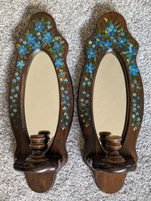 Vintage Pair 2 Hand Painted Blue Floral Wooden Mirror Wall Sconce Candle Holders picture