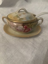 Vintage RS Germany porcelain condiment pot with spoon and saucer. Gilded Edge. picture
