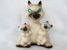 Vintage Roselane California USA Siamese Cat Holding Kittens Blue Rhinestone Eyes picture