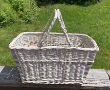 Vintage White Wicker Basket With 2 Swing Handles, Great for Storage picture
