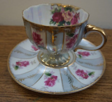 Lefton China  # 546 Saucer /Tea Cup  Gray, White , Pink  With Roses  & Gold Trim picture