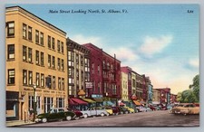 St Albans Vermont Main Street View Antique Classic Cars Signs Postcard Vtg A8 picture