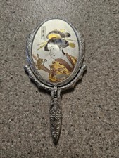 Silver plated Hand Mirror With Geisha Etching. CLEAN picture