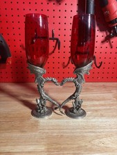 Dragon Heart Wings Pewter Flute Red Glasses Wedding Toast Anniversary US Made picture