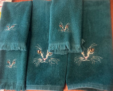 Vintage Green Terry Embroidered Cat Face Towels Hand + Fingertip Set USA picture