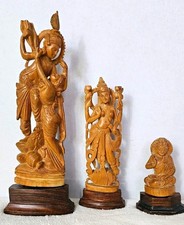 Vintage Indian Hand Carved Wood Statue Lot Trio - Radha Krishna, Lakshmi, Buddha picture
