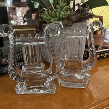 VINTAGE 2 FOSTORIA GLASS HARP DESIGN BOOKENDS LYRE  picture