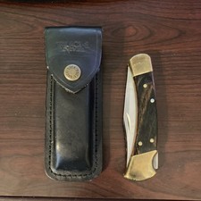 VTG BUCK 110 folding Hunter Pocket Knife USA, w Buck leather sheath picture