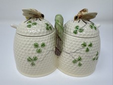 Belleek Style Honey Bee Double Lid Container Clover Porcelain Vtg Japan picture