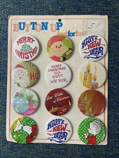 80’s CHRISTMAS BUTTONS MINT ON CARD  PEANUTS N￼EW YEAR VINTAGE LOT of 12 picture